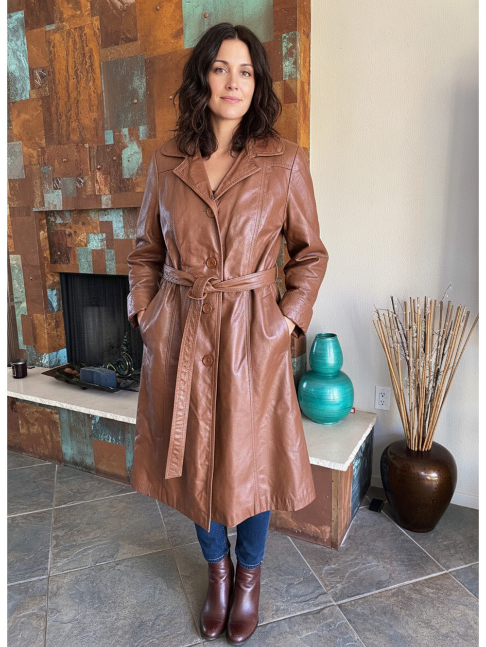 True Vintage 1970s Leathercraft Cognac Leather Trench Coat XL